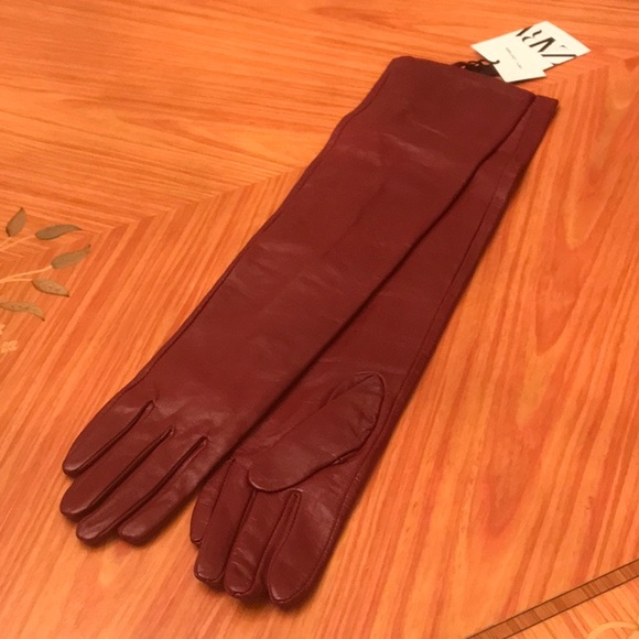 Zara 100% genuine leather red long opera gloves - Picture 4 of 11